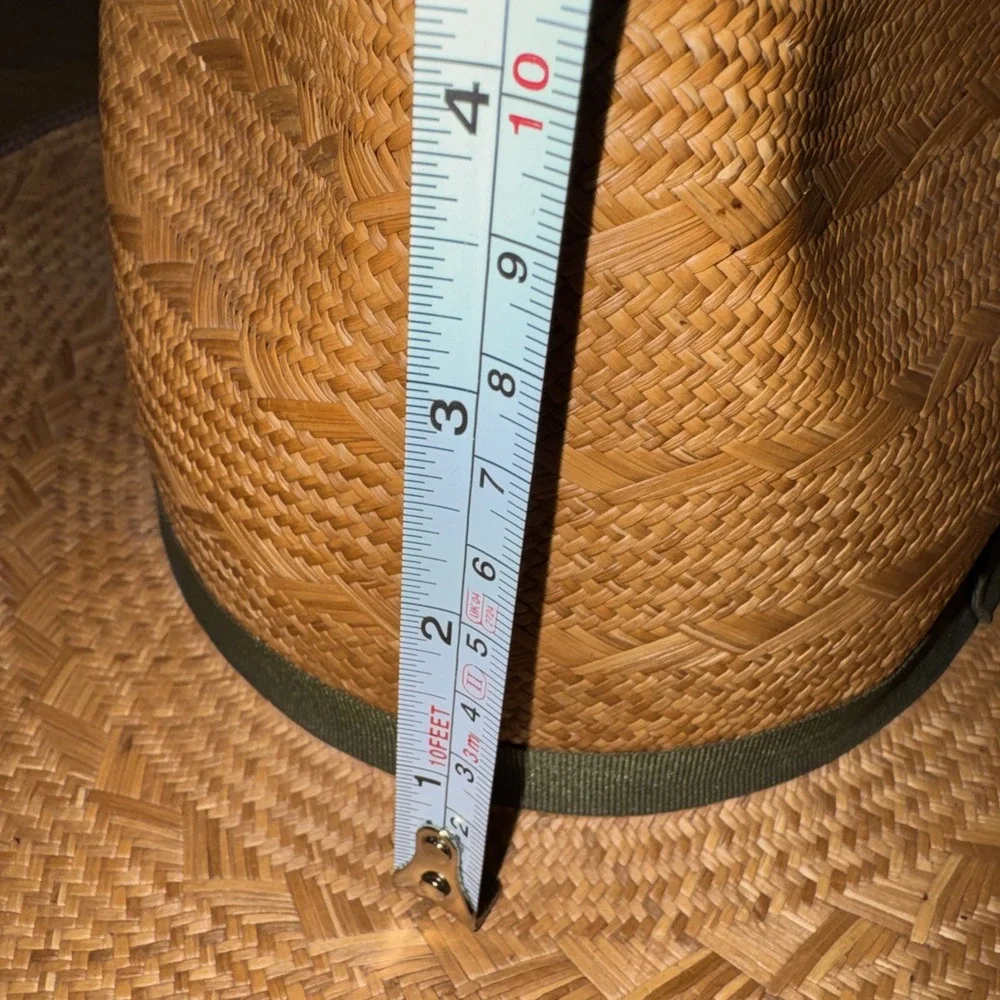 VTG  WW Straw Fedora Hat Brown Woven Wide Brim Grosgrain Green Band Columbia M